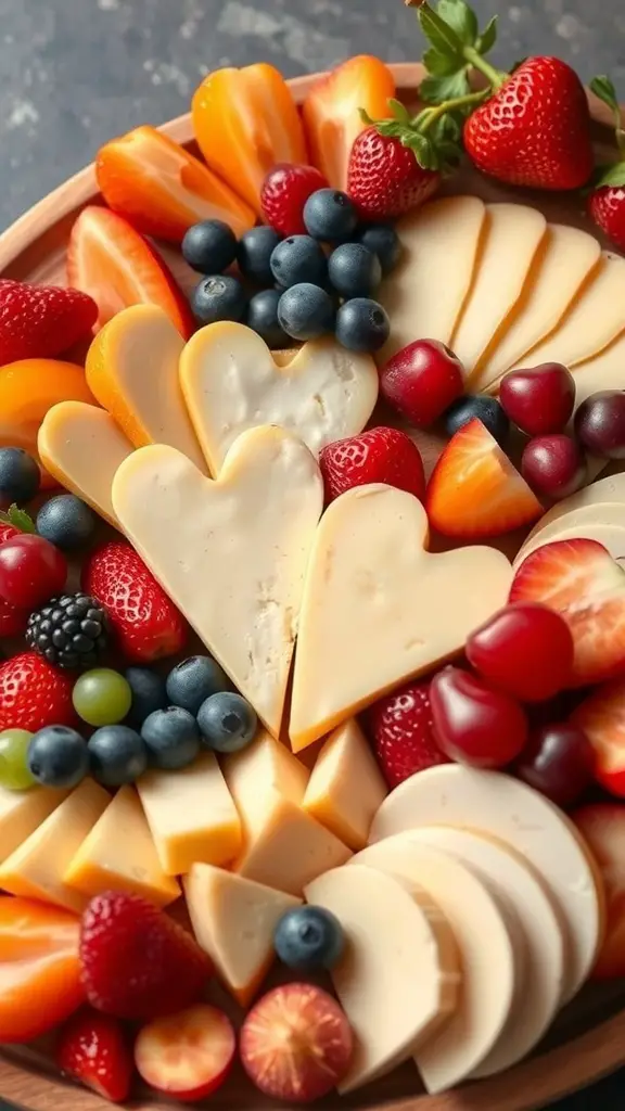 A colorful fruit and cheese platter with heart-shaped cheese slices, strawberries, blueberries, and cherries.