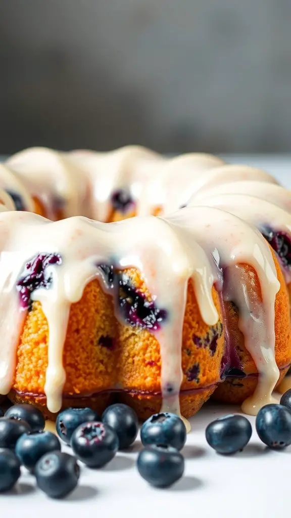 Lemon Blueberry Bundt Cake with glaze and fresh blueberries