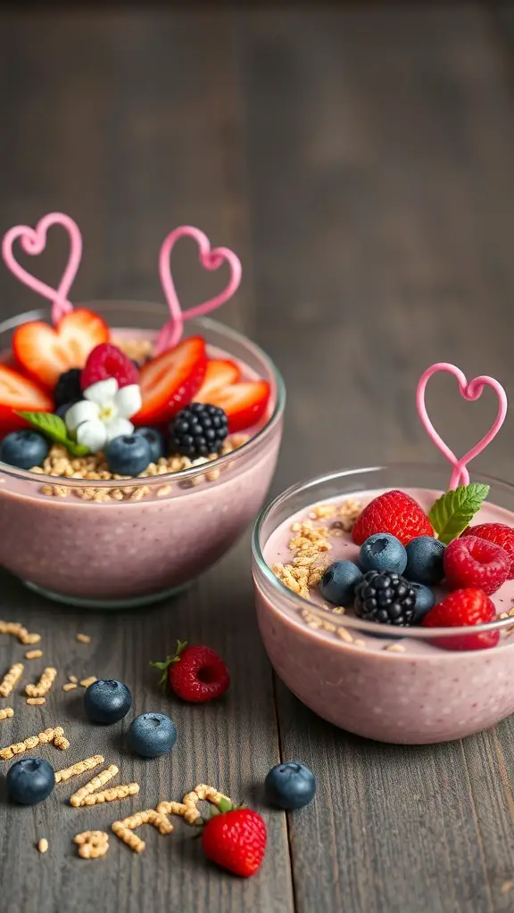 Two berry smoothie bowls topped with fresh fruits and heart-shaped decorations.