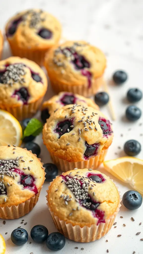Lemon Blueberry Chia Seed Muffins with fresh blueberries and lemon slices