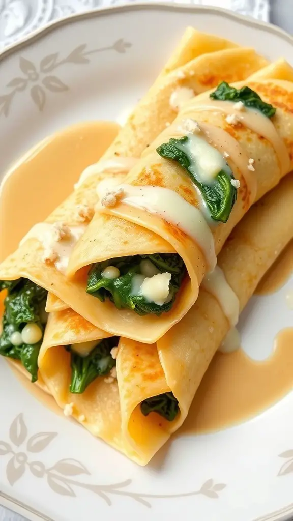 Savory crepes filled with spinach and cheese, drizzled with sauce on a decorative plate.