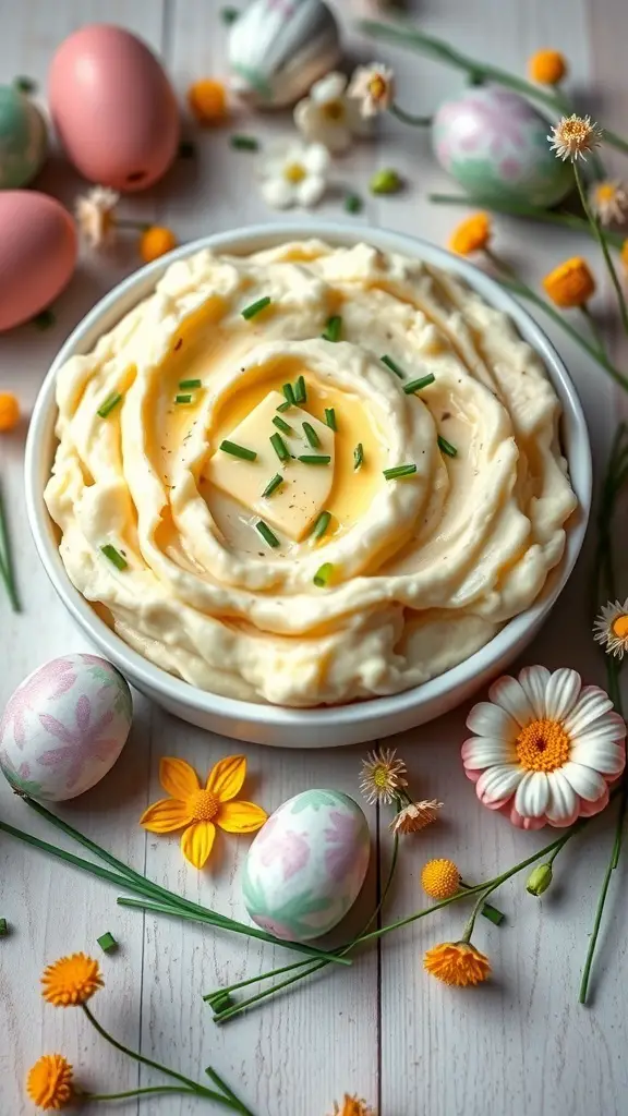 A bowl of creamy garlic mashed potatoes topped with butter and chives, surrounded by colorful Easter eggs and flowers.