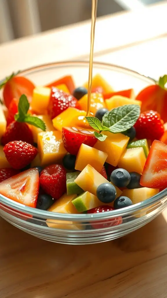 A bowl of fresh fruit salad with strawberries, blueberries, and melon cubes, topped with honey lime dressing.