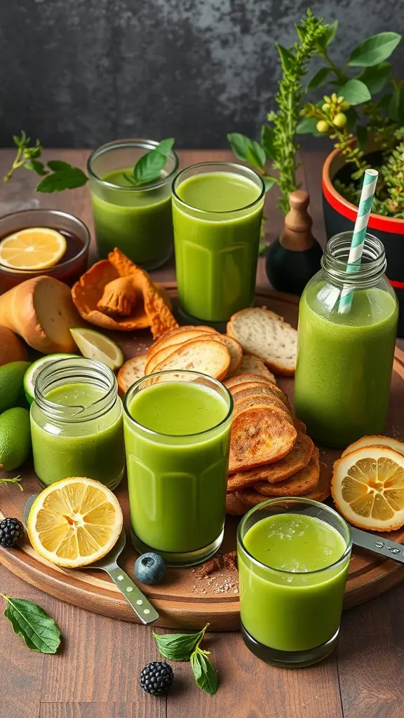 A variety of green beverages on a wooden platter, including smoothies, lemonades, and cucumber coolers, surrounded by snacks.