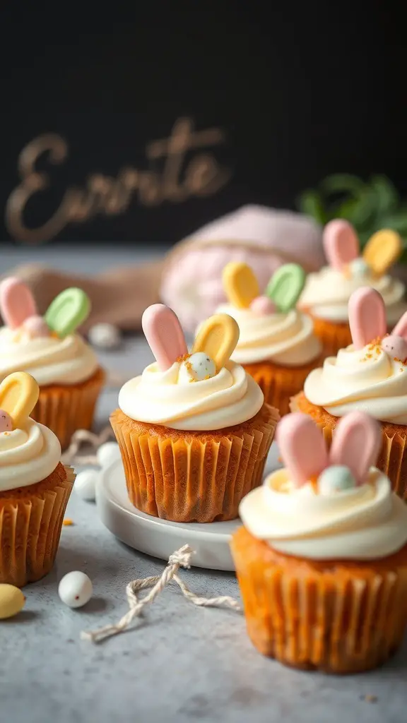Mini carrot cake cupcakes decorated with cream cheese frosting and colorful candy bunny ears, perfect for an Easter party.