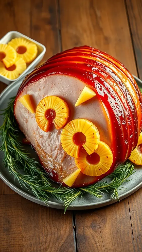 A beautifully glazed ham topped with pineapple slices, garnished with fresh herbs.