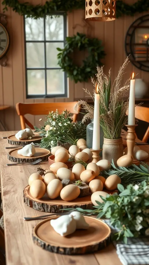 Easter table setting with natural elements, eggs, and greenery