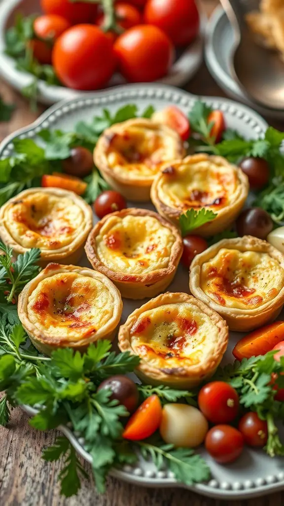 A platter of mini quiches surrounded by cherry tomatoes and herbs