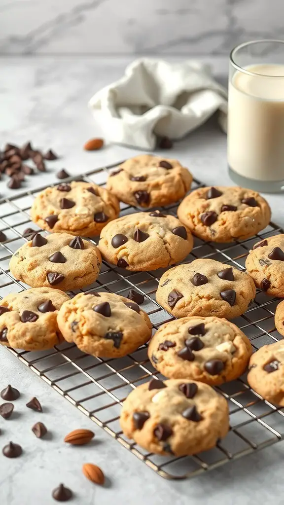 A plate of almond flour chocolate chip cookies on a cooling rack with a glass of milk