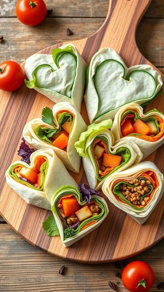 Heart-shaped rainbow veggie wraps on a wooden board with cherry tomatoes