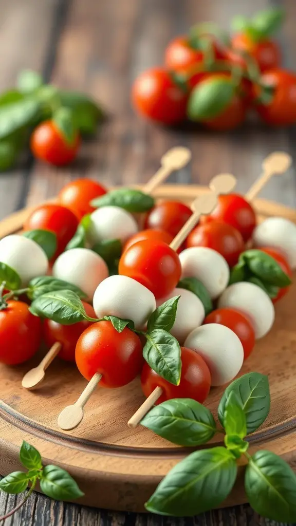 Mini Caprese skewers with cherry tomatoes, mozzarella, and basil on a wooden platter