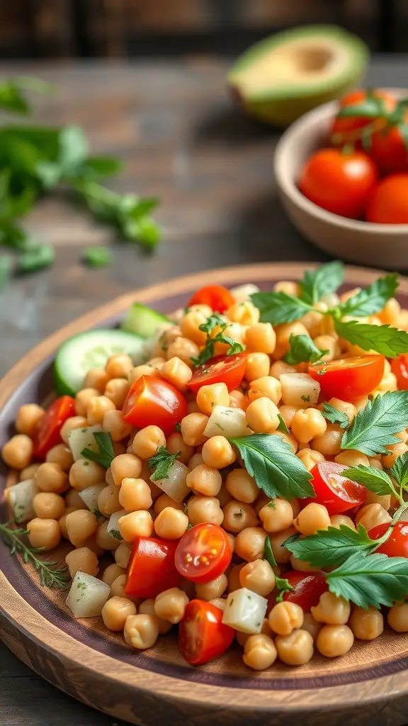 A vibrant Mediterranean Chickpea Salad with tomatoes, cucumbers, and fresh herbs on a wooden plate.