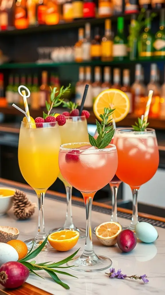 A variety of colorful cocktails and mocktails displayed on a bar, garnished with fruits and herbs, perfect for an Easter celebration.