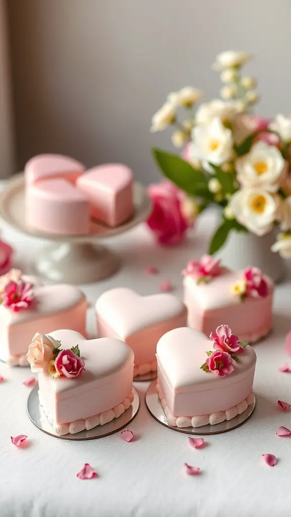 Heart-shaped mini cakes decorated with fondant and flowers