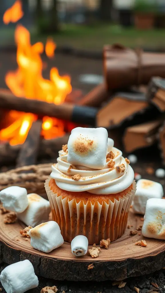 Delicious s'mores cupcakes with toasted marshmallow frosting and graham cracker crumbs, set against a campfire backdrop.