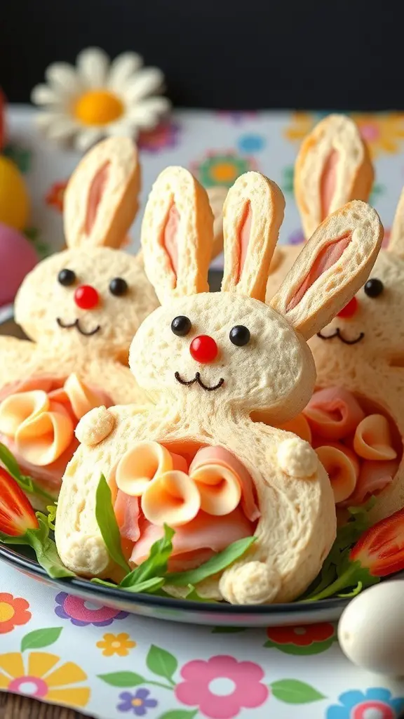 Plate of bunny-shaped sandwiches decorated with ham and cheese, perfect for Easter snacks.