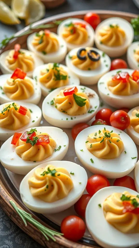 A platter of colorful deviled eggs topped with red peppers, olives, and herbs, surrounded by cherry tomatoes.
