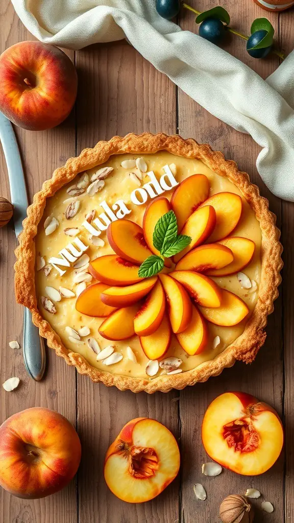 A beautifully arranged Peach and Almond Tart with fresh peach slices on top, surrounded by whole peaches and almonds.
