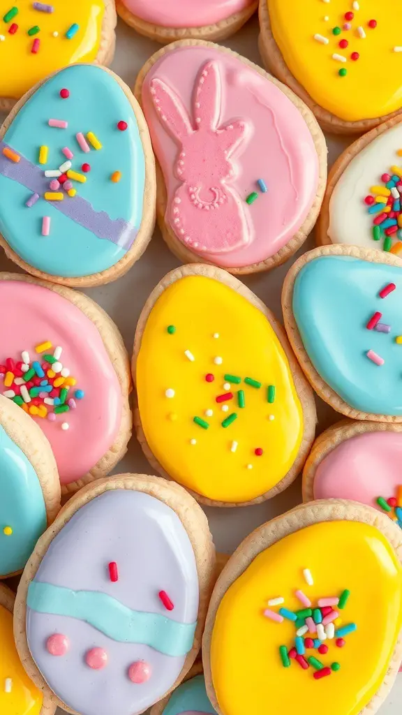 Colorful decorative Easter egg cookies with icing and sprinkles