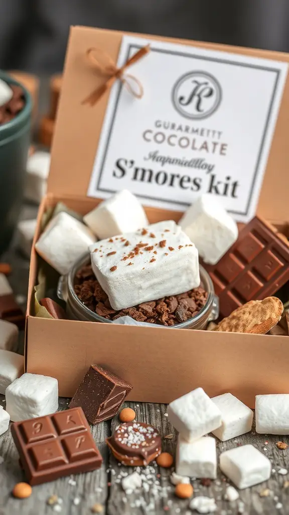 A Gourmet S'mores Kit with chocolate, marshmallows, and graham crackers in a beautifully packaged box.