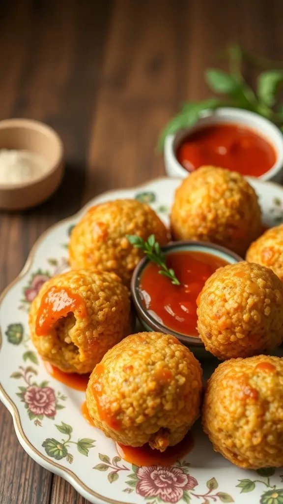 A platter of golden arancini balls with dipping sauce