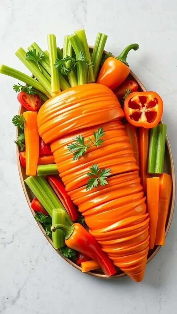 A colorful carrot-shaped veggie platter featuring sliced orange peppers, celery sticks, and red bell peppers.