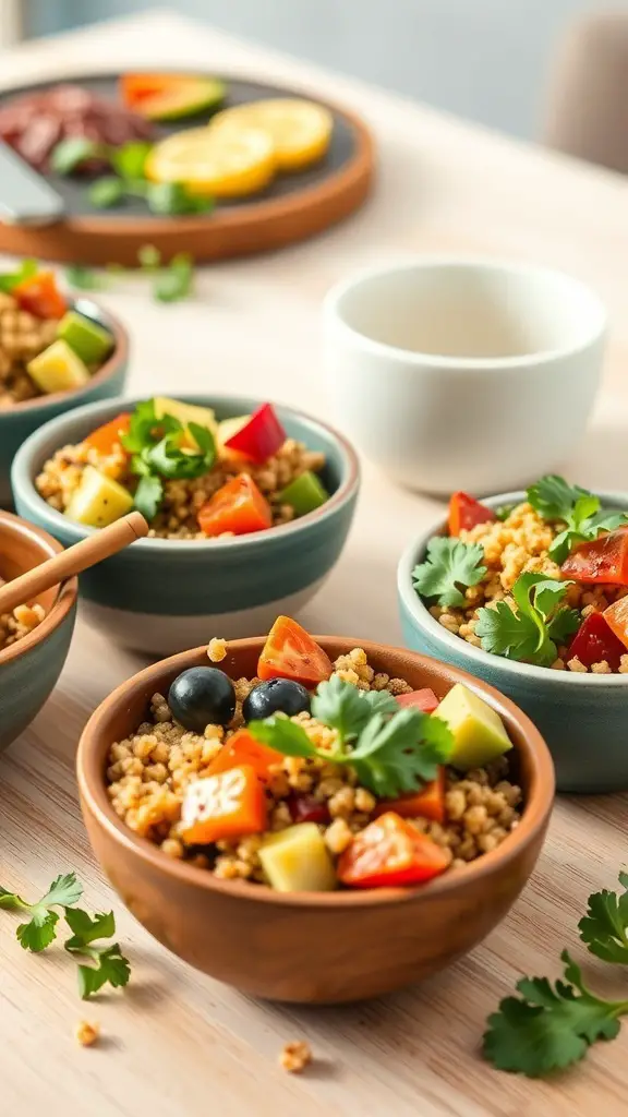 Mini quinoa and veggie bowls with colorful vegetables and herbs