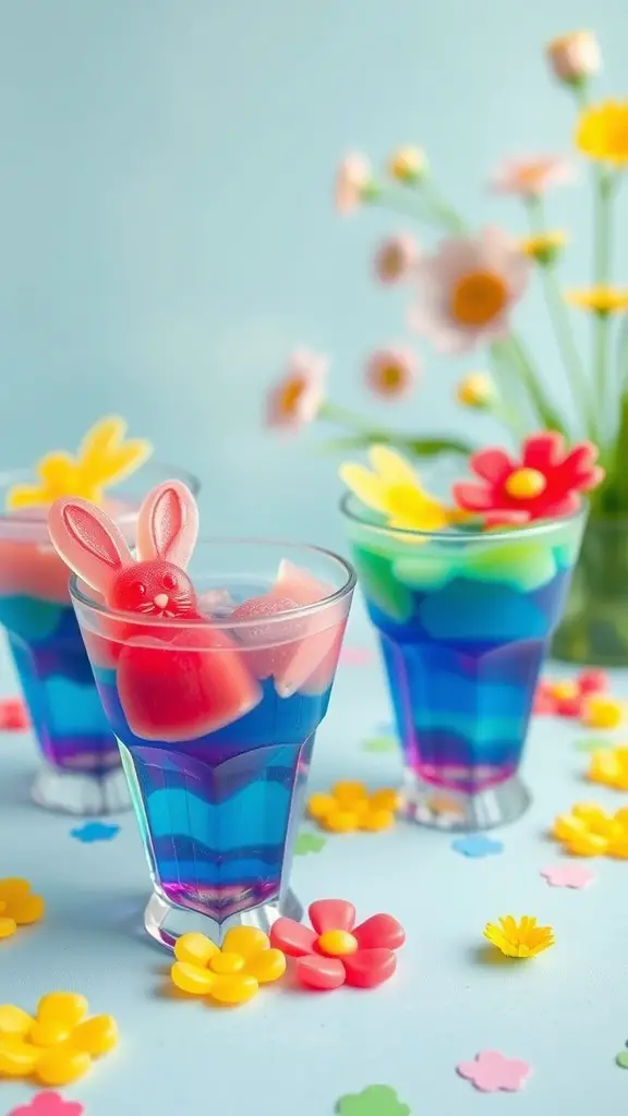 Colorful gelatin cups with gummy bunnies and flowers, perfect for springtime desserts.