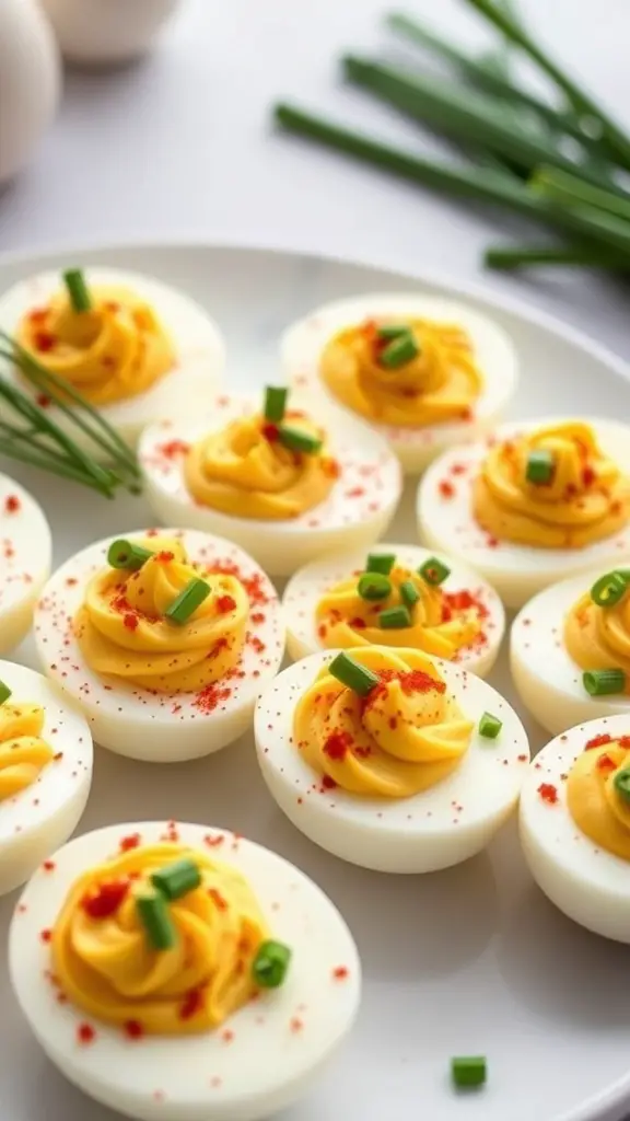 A platter of deviled eggs topped with smoked paprika and chives.