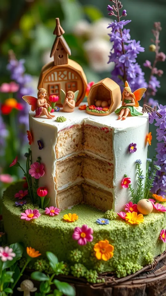 A beautifully decorated Fairy Garden Cake with tiny fairies and colorful flowers.