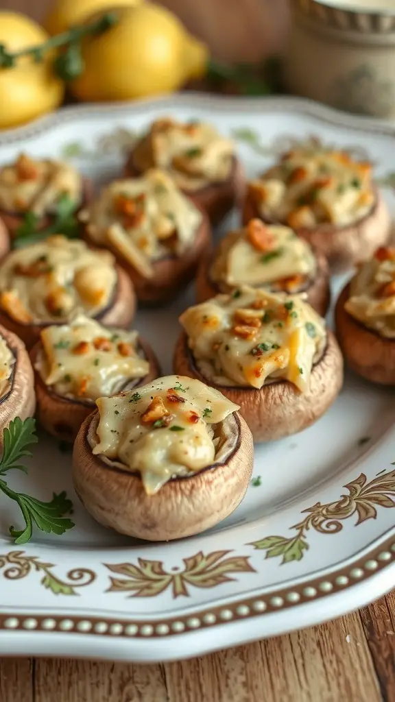 A platter of stuffed mushrooms filled with garlic and cheese, garnished with herbs.