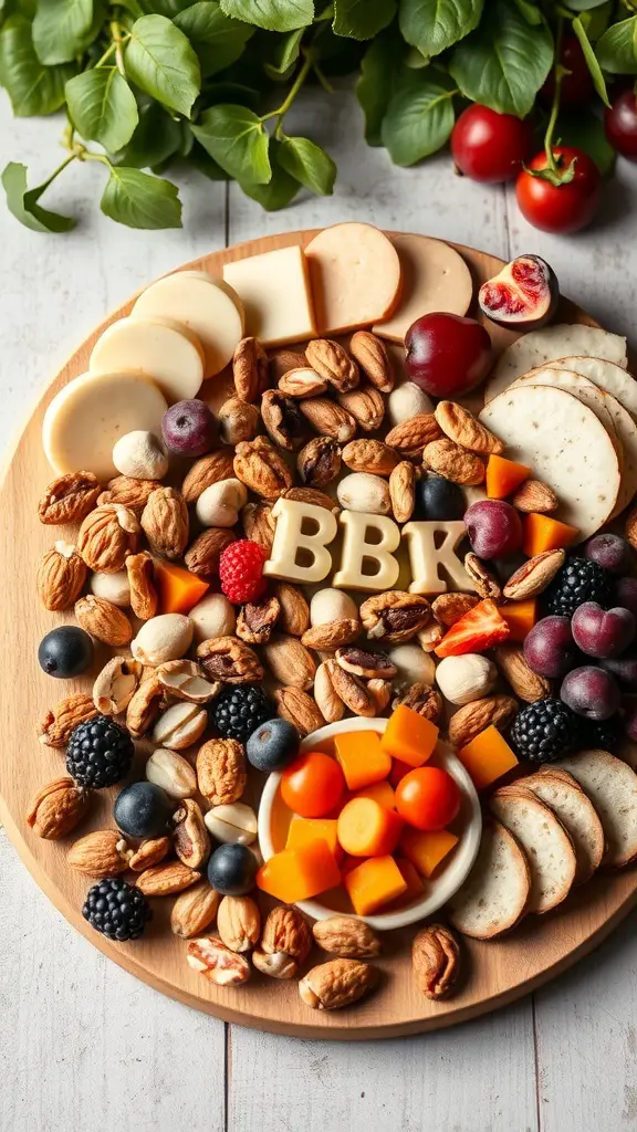 A heart-shaped charcuterie board featuring various nuts and dried fruits.