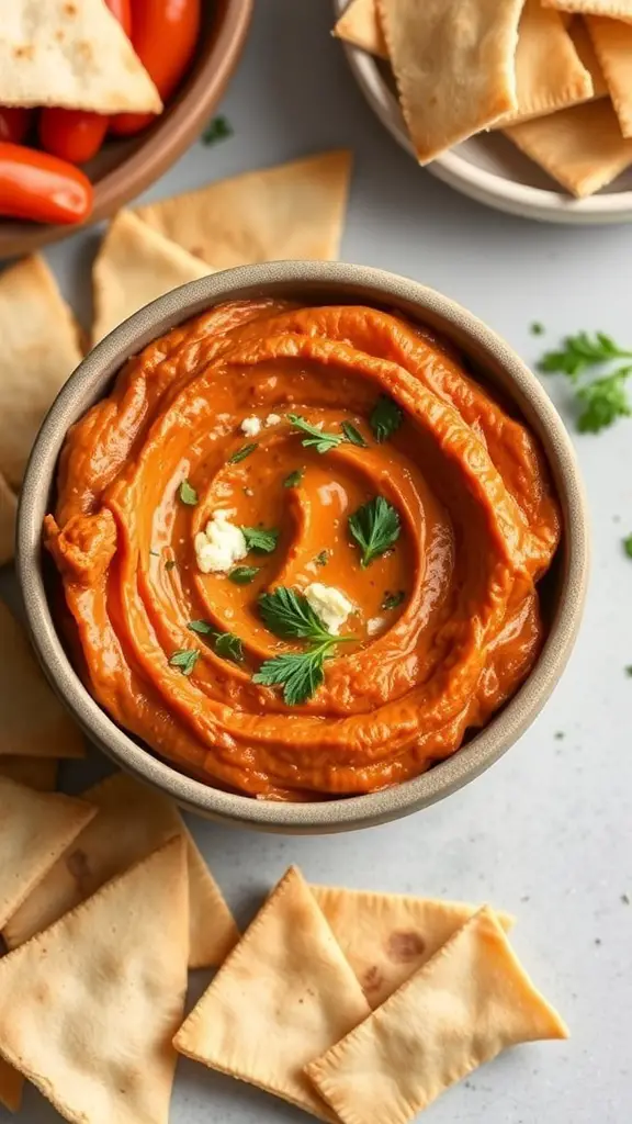 A bowl of roasted red pepper and feta dip surrounded by pita chips and cherry tomatoes.