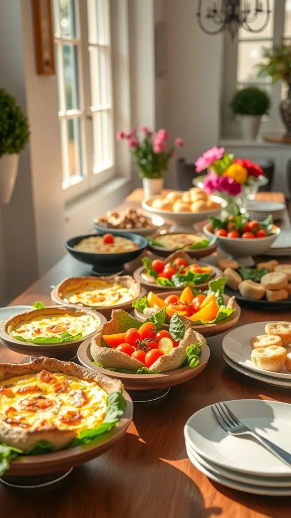 A beautifully arranged brunch buffet with quiches, salads, pastries, and flowers on a table.