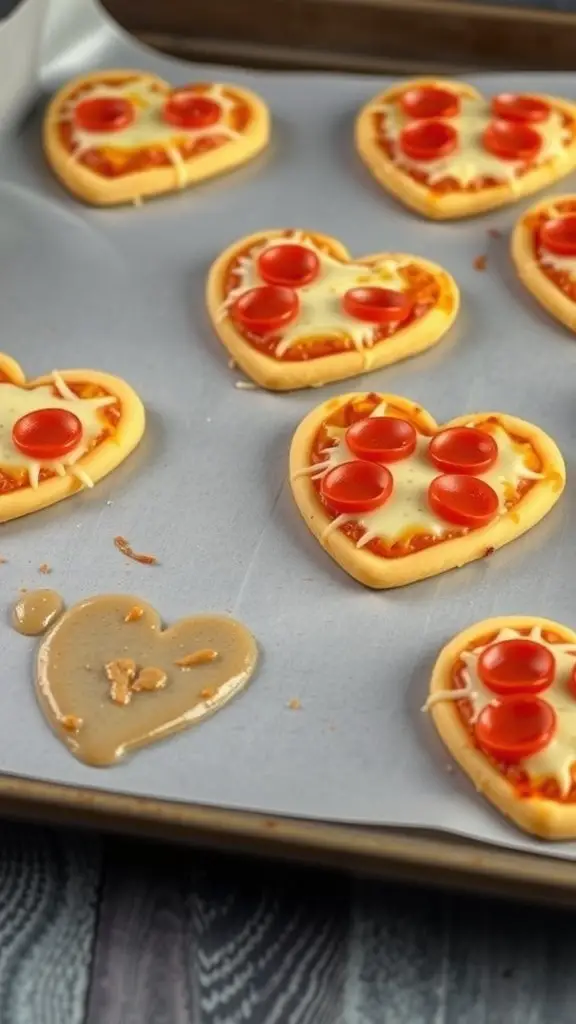 Mini heart-shaped pizzas with cheese and pepperoni on a baking tray.