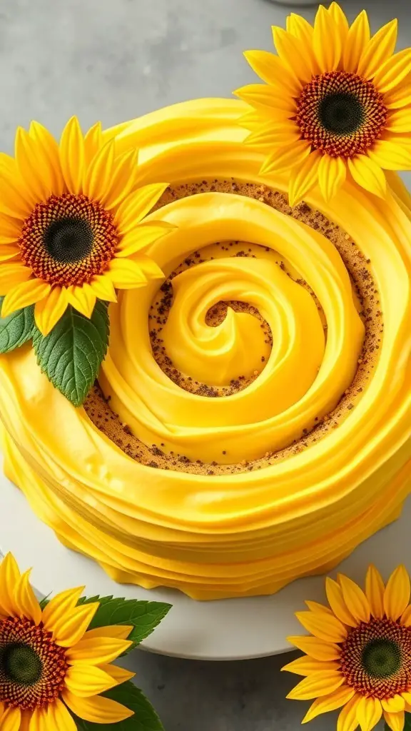 A beautifully decorated sunflower swirl cake with yellow frosting and fresh sunflowers on top.