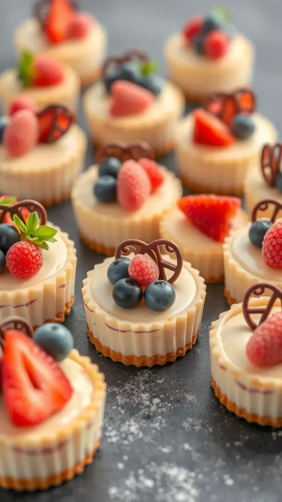 A variety of mini cheesecakes topped with fresh berries and chocolate decorations.