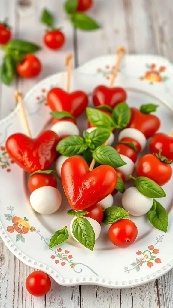 Heart-shaped Caprese skewers with cherry tomatoes, mozzarella, and basil on a decorative plate.