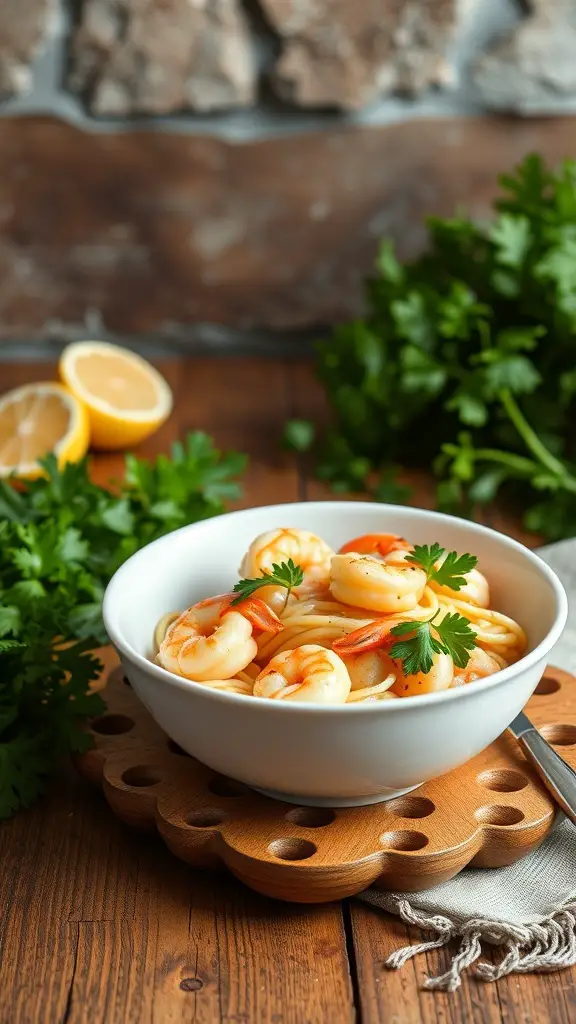 A bowl of Lemon Garlic Butter Shrimp Pasta with fresh parsley and lemon slices
