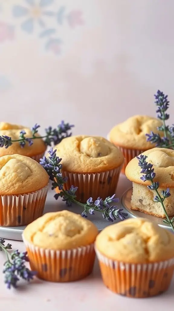 A plate of honey lavender muffins surrounded by fresh lavender sprigs.