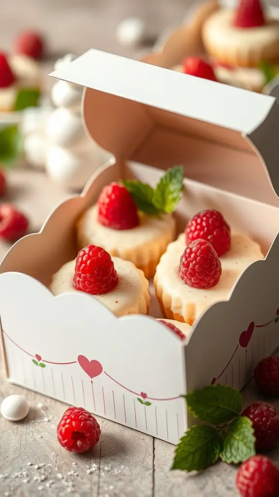 A box filled with raspberry cheesecake bites, topped with fresh raspberries and mint leaves.