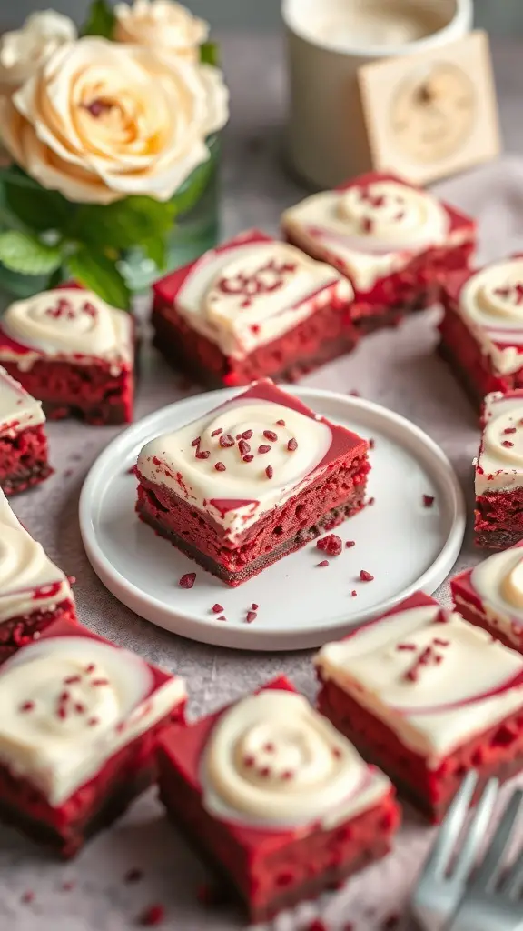 Delicious red velvet cheesecake bars with white chocolate topping and red sprinkles, surrounded by a rose and a candle.