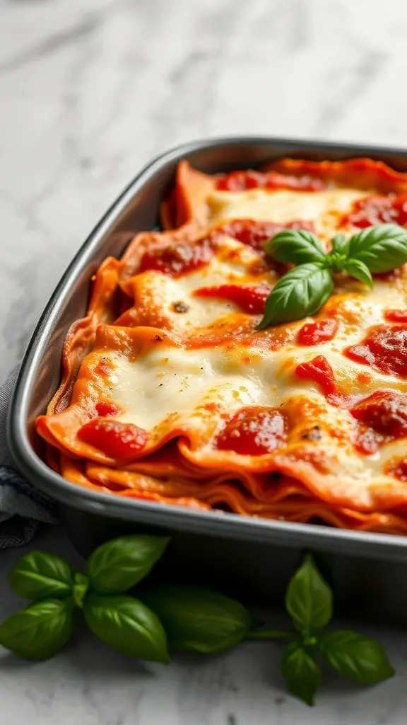 A delicious classic lasagna with homemade marinara sauce, topped with fresh basil.