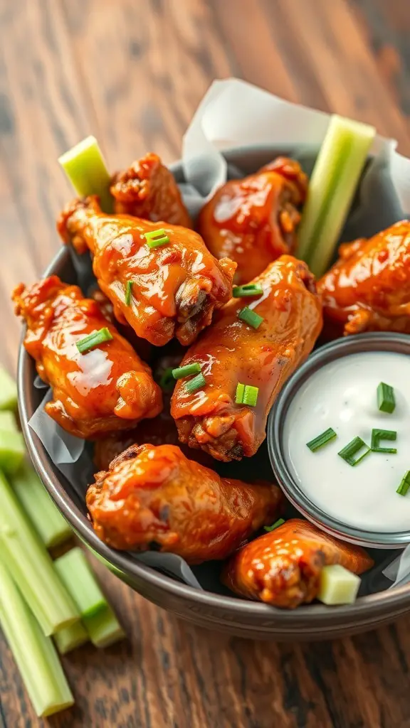 A bowl of crispy chicken wings with celery sticks and dipping sauce