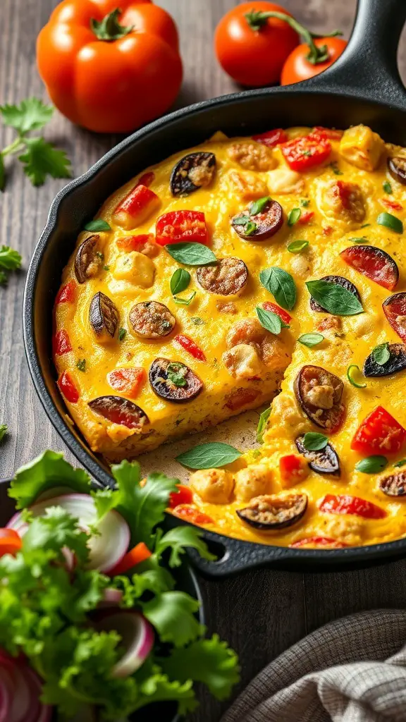 A delicious vegetable frittata with herbs, featuring colorful tomatoes and peppers, served in a skillet.