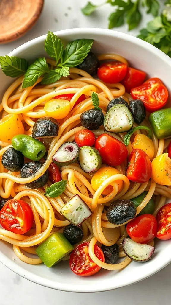 A bowl of Pasta Primavera with spaghetti, cherry tomatoes, bell peppers, olives, and fresh basil.