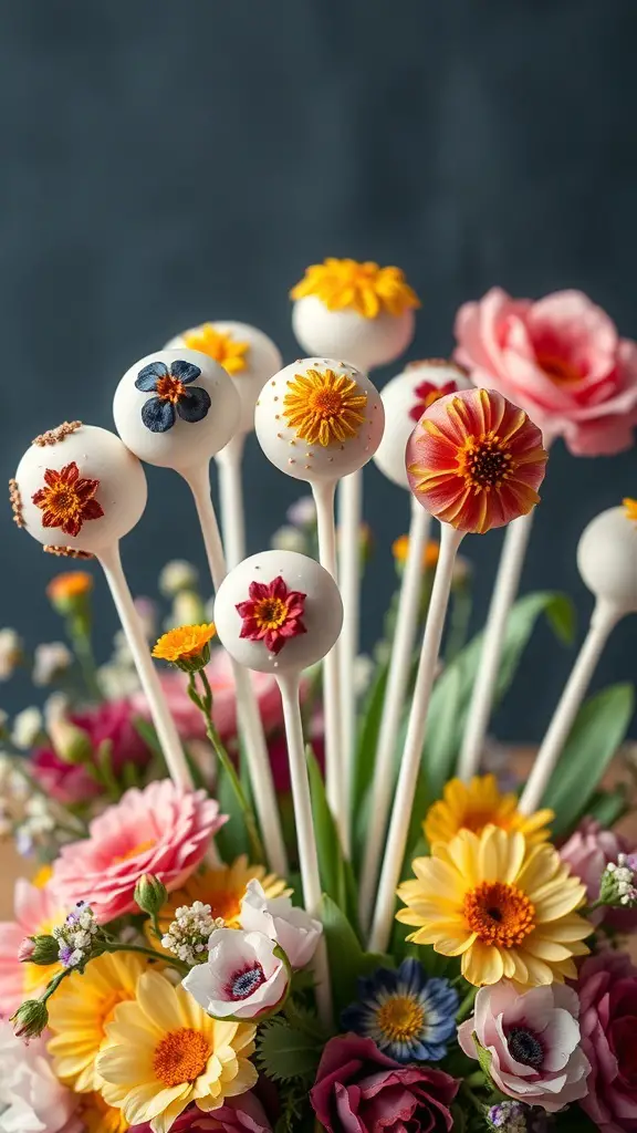 Colorful wildflower cake pops arranged in a bouquet with various flowers.