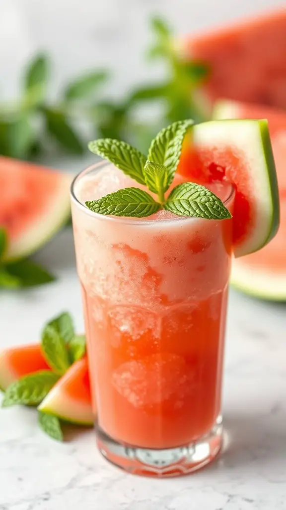 A refreshing watermelon mint slush in a glass, garnished with mint leaves and a slice of watermelon.