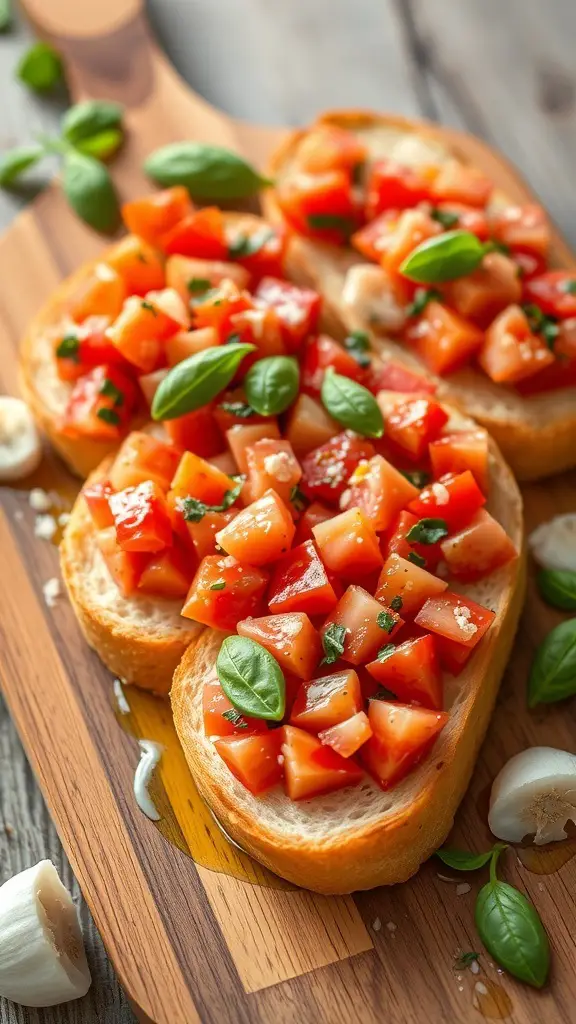 Bruschetta topped with diced tomatoes and basil on toasted bread
