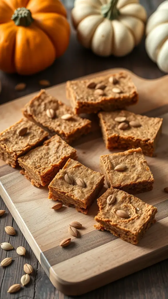 Pumpkin spice protein bars on a wooden board with pumpkins in the background